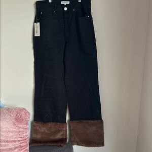 WeWoreWhat Black Jeans with Brown Fur Cuffs